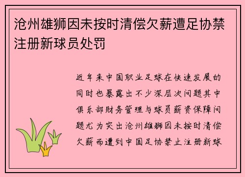 沧州雄狮因未按时清偿欠薪遭足协禁注册新球员处罚